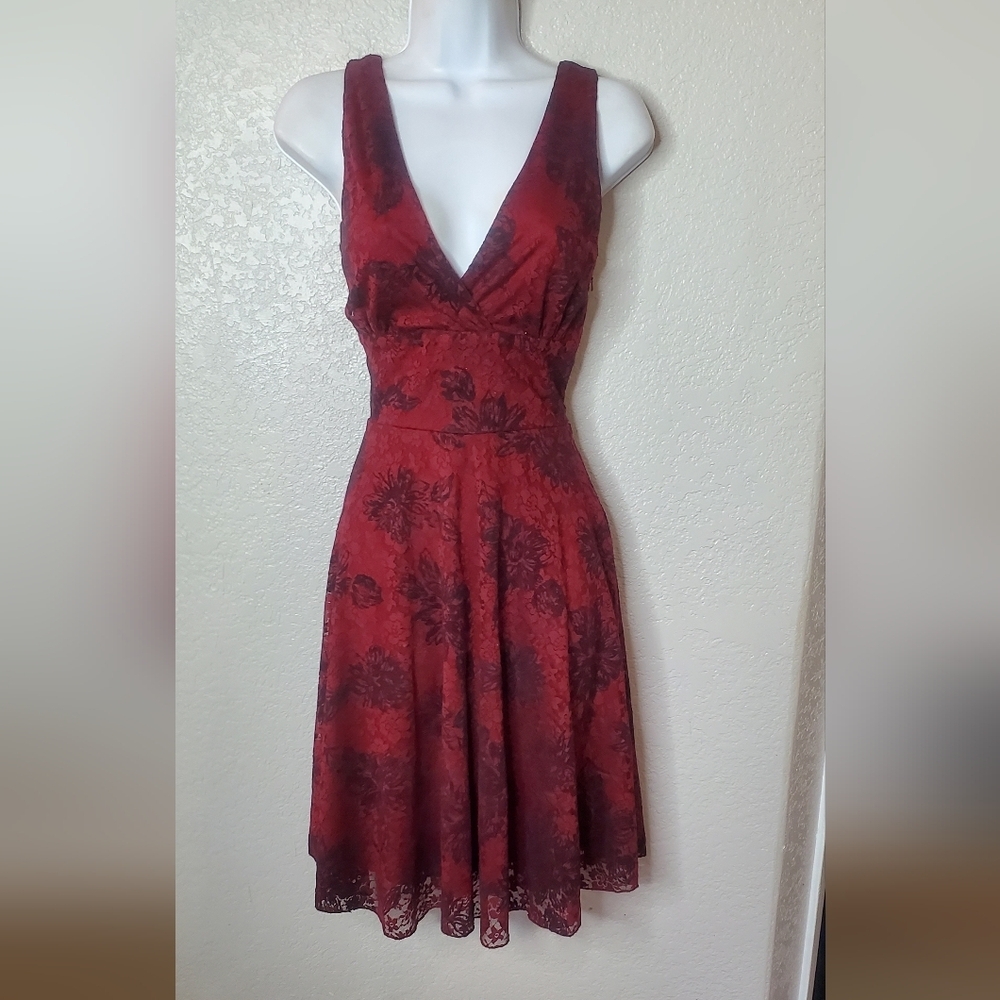 Vintage Ruby Velvet Red Floral Lace Double V Elegant Jackie O Midi Dress Medium